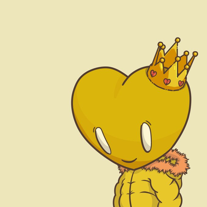 A cartoon illustration depicts a yellow heart-shaped character wearing a golden crown decorated with pink hearts and a fur-collared yellow outfit.