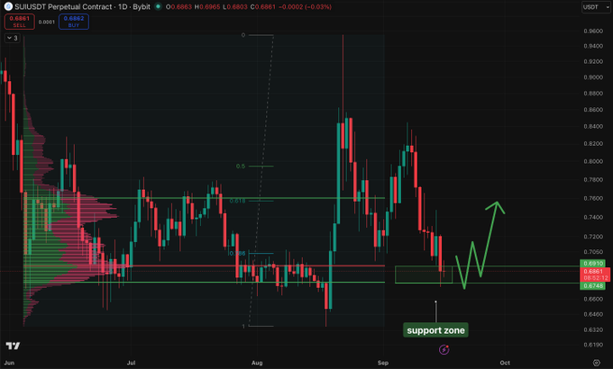 A candlestick trading chart for $SUIUSDT Perpetual Contract showing a 'support zone' label with a green arrow pointing upward, indicating a potential price recovery.