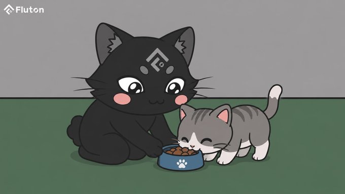 A cute cartoon illustration of a black cat with a symbol on its forehead and a gray tabby kitten sharing a bowl of food together, with the 'Fluton' logo in the top corner.