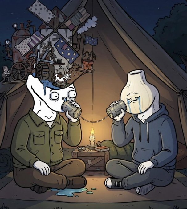 Two anthropomorphic figures with oversized teardrop-shaped heads sit inside a tent, sharing a tin can phone connected by a string while drinking from cans beside a single candle. In the dreamlike background, a steampunk contraption with a windmill and a small figure at a control panel is visible, fitting the surreal "RETARDS SHOW #3" Twitter Space promotion scheduled for 20 Aug at 18:00 CET, where guests will join and OG + WL spots will be given away.