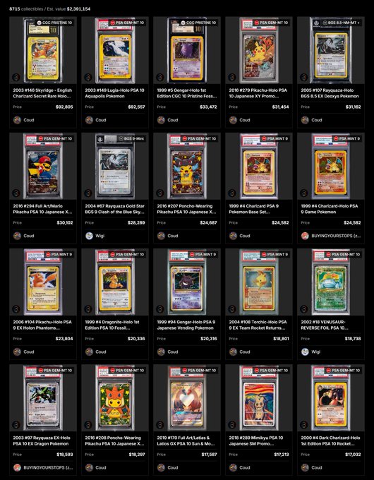 Marketplace listing showing 6715 Pokémon collections valued at $2,381,154, featuring high-grade PSA/CGC graded cards like the 2003 Skytridge Charizard ($92,905), Lugia-Holo PSA 10 ($92,557), Gengar-Holo 1st Edition CGC Pristine 10 ($33,472), Pikachu-Holo PSA 10 Japanese XY Promo ($31,454), and Rayquaza-Holo PSA 10 EX Dragon ($19,543).