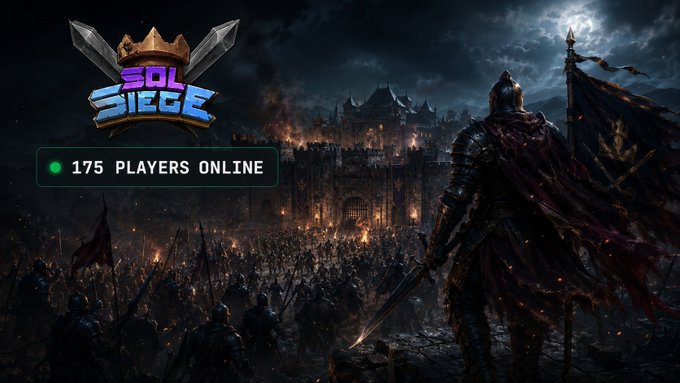 Dark fantasy artwork for the game 'SOL SIEGE' showing an armored knight overlooking a burning castle under siege, with a banner reading '175 PLAYERS ONLINE'.