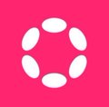 A minimalist white circular loading or logo icon on a bright pink background.