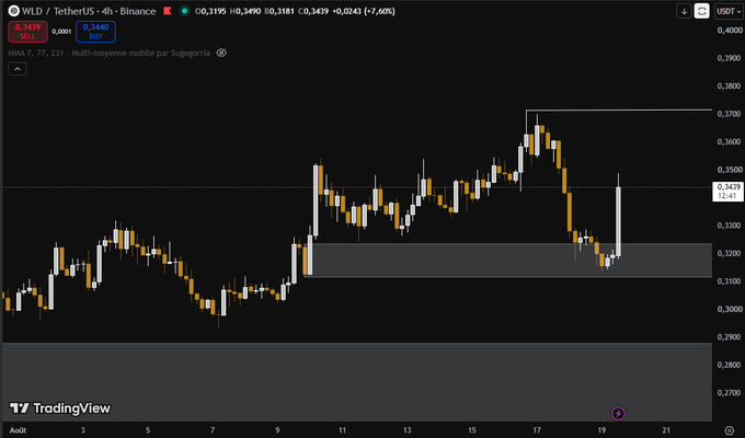 A TradingView candlestick chart for WLD/USDT on Binance with a 4-hour timeframe, showing price levels around 0.3200 with SMA and VWAP indicators visible.