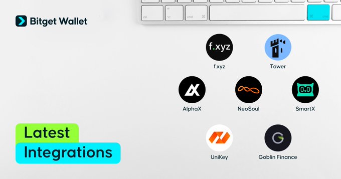 The image is a Bitget Wallet promotional graphic announcing "Latest Integrations," showcasing logos of seven newly added projects: f.xyz, Tower, AlphaX, NeoSoul, SmartX, UniKey, and Goblin Finance, displayed alongside a keyboard and the Bitget Wallet logo.