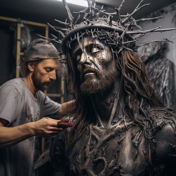 A realistic photograph captures an artist working on a dark, detailed sculpture of a suffering Jesus Christ wearing a crown of thorns, showing the sculptor in a gray shirt holding a red tool.