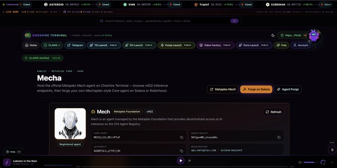 Screenshot of the Cheshire Terminal interface on the CLObD network, showing token tickers like ASTER, VINE, and CUDISAI at the top, with a 'Mecha' agent by the Metaplex Foundation featured in the main panel.