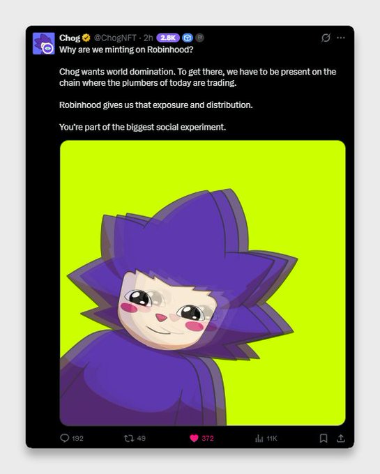 A tweet from @ChogNFT asking 'Why are we minting on Robinhood?' accompanied by a sad purple chibi character on a bright yellow background.