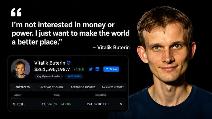 The image shows a young man with short hair wearing a blue shirt who appears to be happy or smiling. Above him, there is a quote that reads, "I'm not interested in money or power, I just want to make the world a better place." The background of the image features a dark grey color. In front of the man's head, there is text on a computer screen displaying information about Vitalik Buterin and his net worth. It is likely that this post is related to or referencing some sort of news article or report about Vitalik buterin, with the accompanying quote providing context and motivation for his actions.