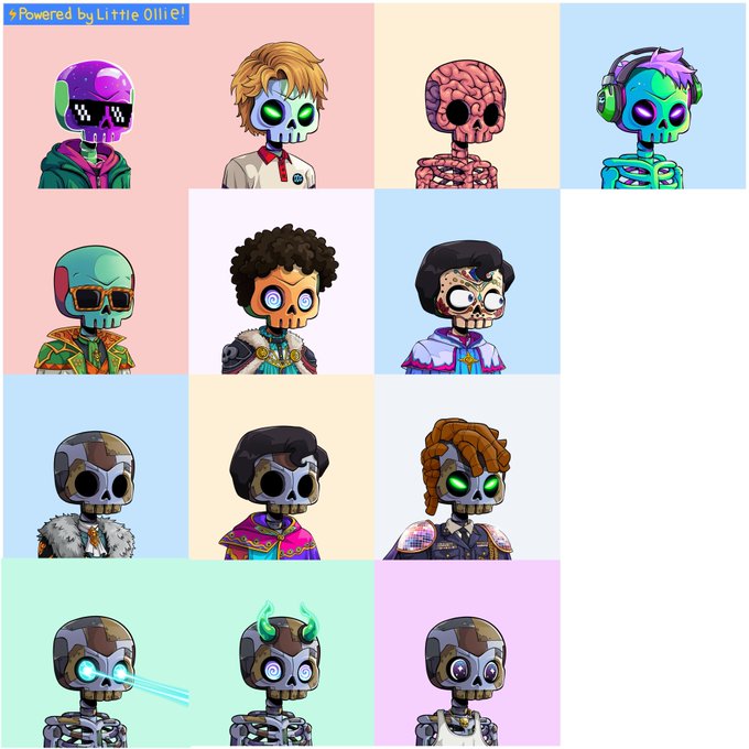 The image features a grid of twelve different cartoon-style skulls, each with unique facial features and clothing styles. The skulls are arranged in four rows and three columns against a light blue background. The post discussing these images seems to be about comparing the skeletons' traits or asking for advice on how to create a similar collection. However, it is unclear what specific traits or advice the poster is seeking from others regarding the skeletons displayed in the image.