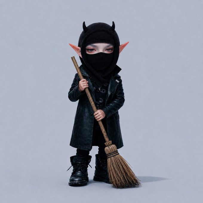 A 3D render of a stylized, doll-like character with large pointed ears, wearing a black devil-horned hoodie, face mask, black leather coat, and combat boots, while holding a straw broom.