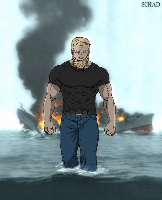 Another 'Schad' meme illustration showing the muscular blond bearded man in a black t-shirt walking out of the ocean with a burning ship in the background.
