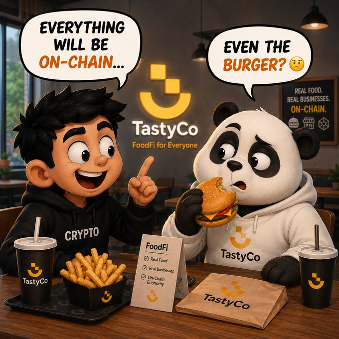 An illustrated advertisement featuring a cartoon boy in a 'CRYPTO' hoodie and a panda in a 'TastyCo' hoodie at a fast-food counter, with speech bubbles reading 'EVERYTHING WILL BE ON-CHAIN...' and 'EVEN THE BURGER?', and signage for 'TastyCo FoodFi for Everyone'.