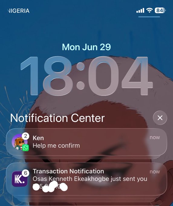 The image shows an iPhone Notification Center on a lock screen dated Monday, June 29, at 18:04, displaying two notifications: a WhatsApp message from "Ken" saying "Help me confirm" and a Kuda bank transaction notification from "Osas Kenneth Ekeakhogbe" with a partially visible amount.

The image relates to the post about @keenn_eth by showing a transaction notification from "Osas Kenneth Ekeakhogbe" via Kuda bank, suggesting the sender referenced in the caption is receiving money or a notification related to them, tying into the message "i lob you" (I love you) directed at Keenn.