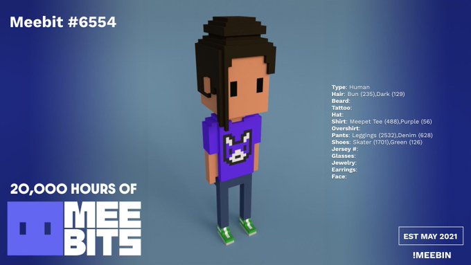 A voxel-style 3D character called "Meebit #6554" created in May 2021, featuring a human character with dark hair, a purple shirt with a graphic, dark pants, and green shoes, with character traits listed on the right side.