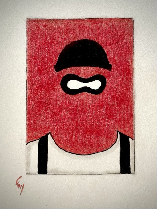 A colored pencil or crayon drawing on white paper depicting an anonymous figure with a black cap and domino mask against a red background, signed with the artist initials 'G.F.'