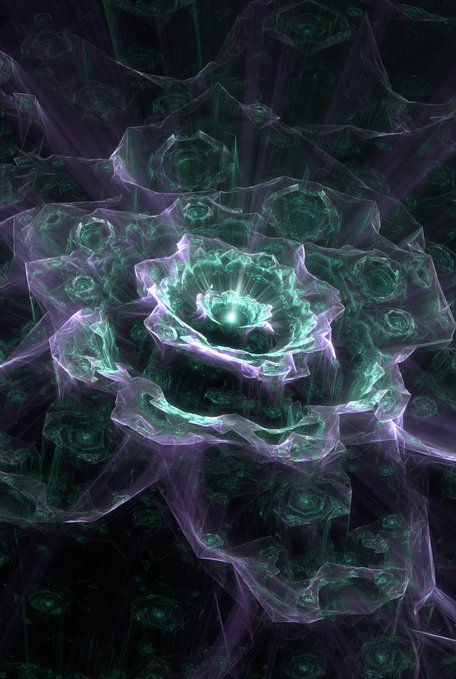 An abstract fractal artwork featuring an intricate green and purple rose-like pattern with a glowing central core.