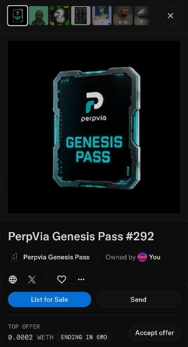 An NFT marketplace listing for 'PerpVia Genesis Pass #292' showing ownership status, a top offer of 0.002 WETH, and 6 minutes remaining.