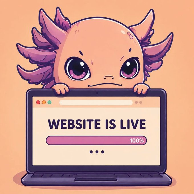 The image features a cartoon lizard holding up an open laptop screen displaying the words "Websites is LIVE WL application is live." The lizard is colored pink, purple, and orange, which matches the color scheme of the background. The text on the screen indicates that 100% of the website's features are available for use in this application. This appears to be a promotional message, likely related to an advertisement or marketing campaign.