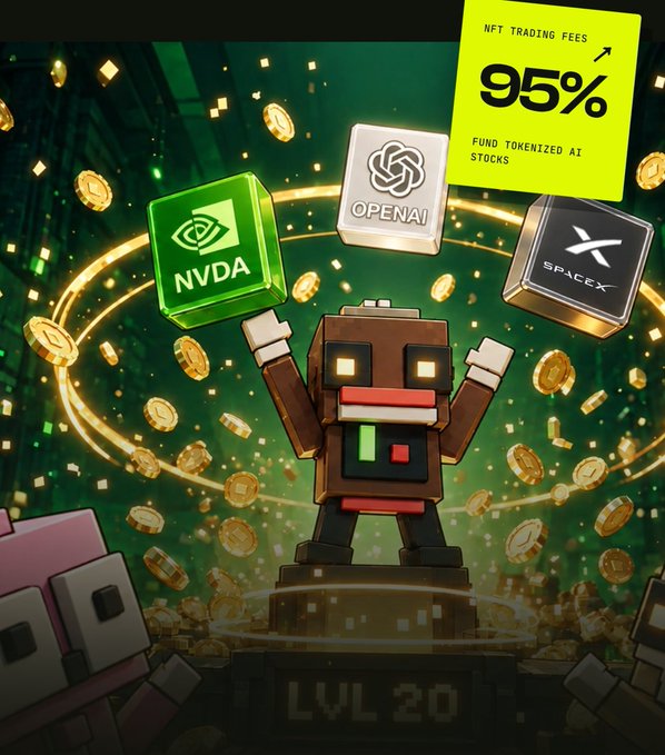 A digital illustration featuring a blocky robot character at 'LVL 20' surrounded by falling gold coins and floating cubes labeled 'NVDA', 'OPENAI', and 'SPACEX', with text reading 'NFT TRADING FEES 95%' and 'FUND TOKENIZED AI STOCKS'.