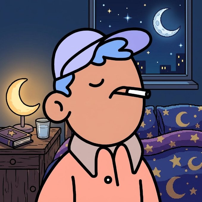 A digital illustration shows a cartoon character wearing a nightcap and smoking a cigarette, set against a bedroom backdrop featuring a window view of a crescent moon and stars.