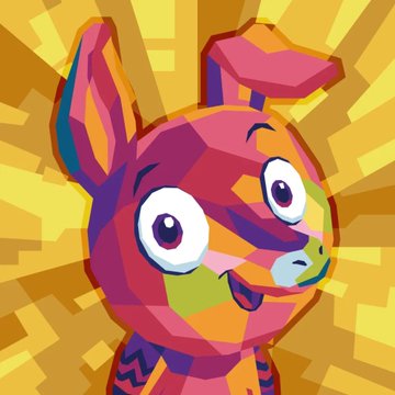 A pop art style illustration of a colorful cartoon donkey with big eyes and a cheerful expression against a yellow radiating background.