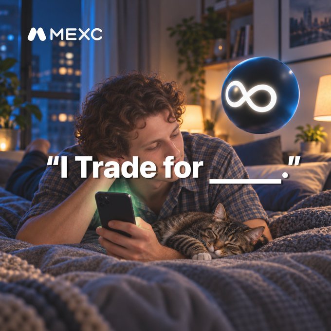 A man lies in bed with his cat, looking at his phone, with the MEXC logo and an infinity symbol displayed above. The overlaid text reads "I Trade for ___." alongside the caption "Behind every trade is something personal — A goal. A person. A life you're building."

The image ties to the post's message by prompting viewers to reflect on the personal motivations behind their trading, transforming the act of trading into something meaningful and life-driven rather than purely financial.