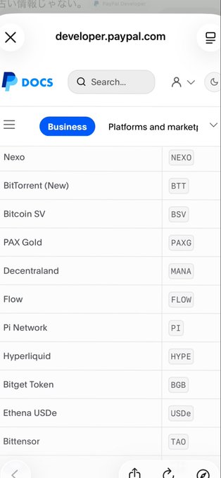 A screenshot of a mobile browser displays the 'developer.paypal.com' website, specifically a 'Platforms and markets' page listing various cryptocurrencies. The visible entries include Nexo (NEXO), BitTorrent (BTT), Bitcoin SV (BSV), PAX Gold (PAXG), Decentraland (MANA), Flow (FLOW), Pi Network (PI), Hyperliquid (HYPE), Bitget Token (BGB), Ethena USDe (USDe), and Bittensor (TAO).