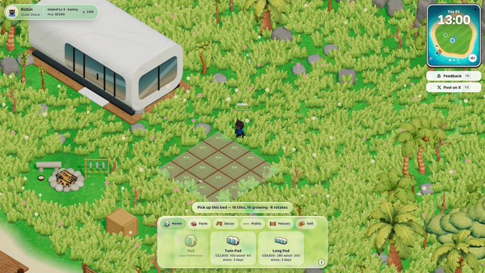 A screenshot from an island-building simulation game (Roblox) showing a player named 'Jimmy' laying down beds on an island, with the in-game time at 13:00 on Day 23.