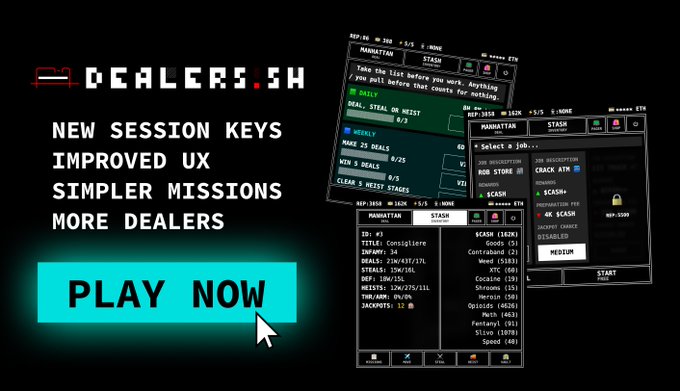A promotional advertisement for 'DEALERS.SH' highlighting 'NEW SESSION KEYS', 'IMPROVED UX', 'SIMPLER MISSIONS', and 'MORE DEALERS', with a green 'PLAY NOW' button and mobile app screenshots.