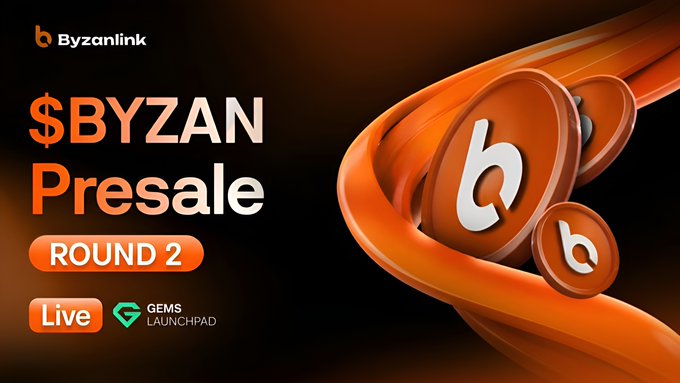 Promotional graphic for the "$BYZAN Presale Round 2," featuring the Byzanlink logo and branding with orange coins displaying the Byzanlink "b" symbol. The image aligns with the announcement that the presale is live on Gems Launchpad, available until August 24 at 9:30 AM UTC via the provided link and access code.