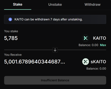 A screenshot of a crypto staking interface showing a user attempting to unstake 5,785 KAITO tokens to receive 5,001.6789640344687 sKAITO, but encountering an "Insufficient Balance" error—illustrating the post's warning that obtaining 5,000 sKAITO requires staking more than 5,000 KAITO due to the exchange rate difference.