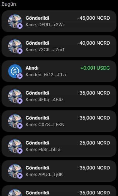 A crypto transaction history displays multiple "Gönderildi" (Sent) entries of 25,000-45,000 $NORD tokens to various wallet addresses, alongside one "+0.001 USDC" received entry. This screenshot serves as purported proof of $NORD airdrop distributions, supporting the post's claim about a token giveaway to 700 retweeters.