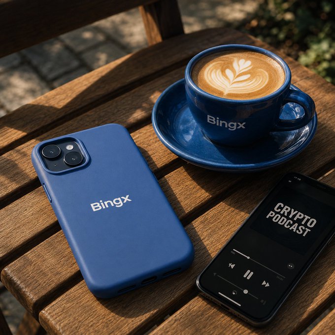 A blue BingX-branded phone case and matching coffee cup sit on a wooden table alongside a phone playing the "Crypto Podcast," visually reinforcing the caption "no friends before coffee, no trades before BingX."