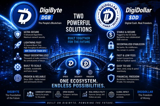 A promotional graphic for DigiByte (DGB) and DigiDollar ($DD) showcasing 'TWO POWERFUL SOLUTIONS' with features like ultra security, lightning fast transactions, 40x faster than BTC, decentralized stablecoin, and financial freedom, branding them as 'ONE ECOSYSTEM. ENDLESS POSSIBILITIES.'
