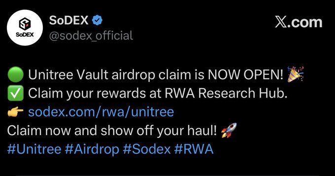A tweet from verified SoDEX account (@sodex_official) announcing that the Unitree Vault airdrop claim is now open, directing users to claim rewards at sodex.com/rwa/unitree via the RWA Research Hub.