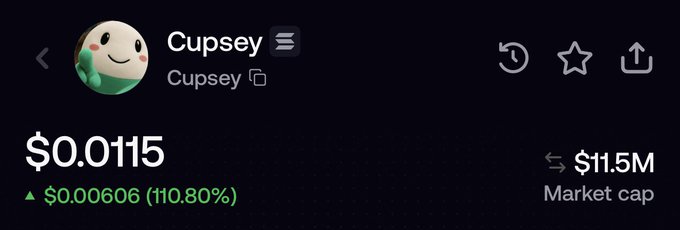 The image shows the Cupsey ($CUPSEY) token trading at $0.0115 with a market cap of $11.5M, up 110.80% ($0.00606) in the green. This aligns with the post's teaser that the token isn't yet listed on moonshot or fomo exchanges, suggesting the significant price surge may be tied to anticipation of upcoming listings.