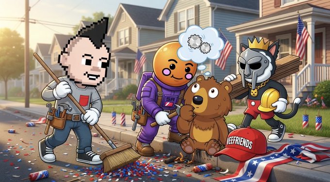 A cartoon-style illustration showing characters (including one in a gray hoodie sweeping, a character with an emoji head, a beaver, and a cat wearing a crown) on a suburban street with American flags and fireworks debris, alongside a red cap reading 'NEEFRIENDS'.