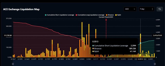 The image shows an ACE Exchange Liquidation Map on a 7-day timeframe, highlighting a price level of 0.2513 where approximately $2.29M in cumulative short liquidation leverage is concentrated, supporting the post's claim about significant short liquidation liquidity at that level.