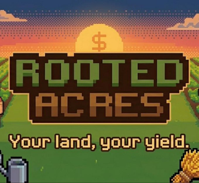 The image features a poster for a video game called "Rooted Acres", which is about farming and agriculture. The poster includes a cartoon depiction of a farm with a large sun setting behind it, symbolizing the end of the day. The title of the game is prominently displayed in white text at the bottom of the poster, along with an image of a farmer's field. The background of the poster features a green field and a brown barn, which are typical elements found on farms.