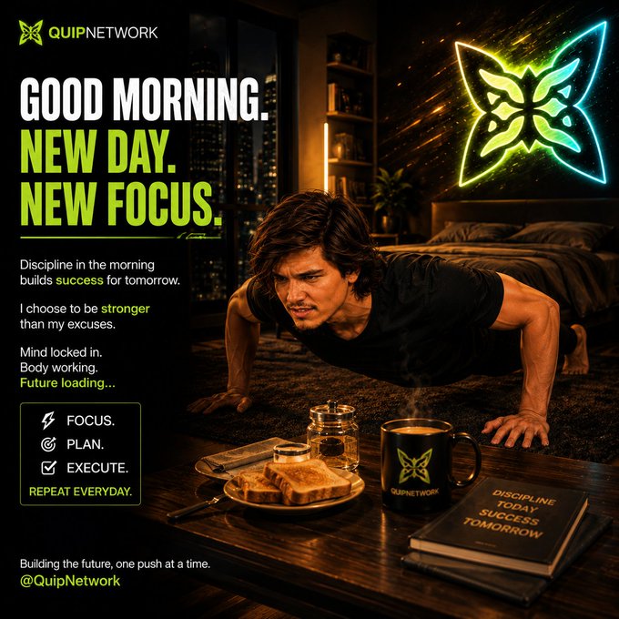 A motivational graphic from 'QUIPNETWORK' featuring a man doing push-ups in a dimly lit bedroom, with text 'GOOD MORNING. NEW DAY. NEW FOCUS.' and the words 'FOCUS. PLAN. EXECUTE. REPEAT EVERYDAY.'