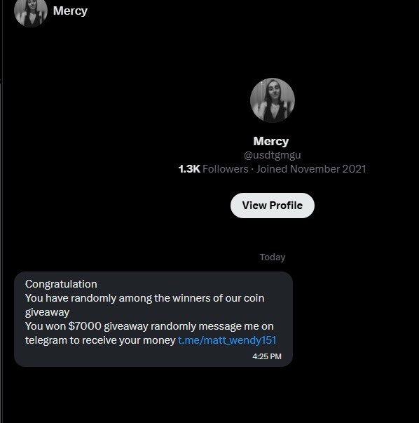 A screenshot of an Instagram message from user 'Mercy' (@usdtgmgu) claiming the recipient won a $7000 coin giveaway and directing them to telegram.