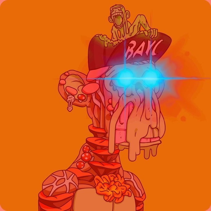 A stylized Bored Ape Yacht Club (BAYC) NFT illustration with glowing blue laser eyes and melting features, wearing a cap with "BAYC" text and a small ape on top, set against an orange background—visually echoing the bullish crypto energy of the "Gm to everyone bullish on crypto!" post through its iconic Web3 imagery.
