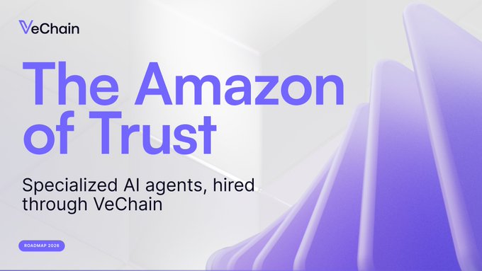 The image features a purple banner with white text that reads "The Amazon of Trust" and "Specialized AI Agents, hired through VeChainThor". The banner also includes a small logo for the "TRUST Agent Marketplace", which is a platform where agents can be listed and hired by users. The post suggests that this marketplace focuses on building trust in the form of AI agents who are specialized and hired to fulfill specific tasks or projects.