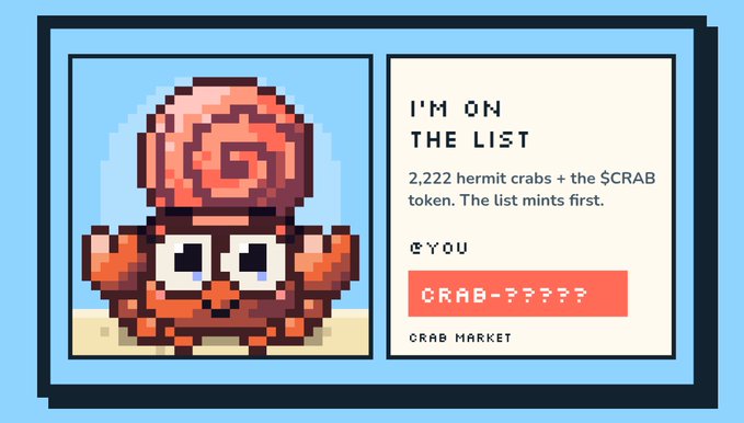 A pixel art image of a crying orange crab character next to text reading "I'M ON THE LIST" promoting 2,222 hermit crabs plus the $CRAB token, with "CRAB MARKET" branding.