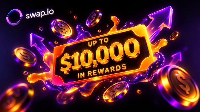 Promotional graphic for swap.io featuring a bright orange and purple color scheme with floating coins and upward arrows, advertising 'UP TO $10,000 IN REWARDS'.