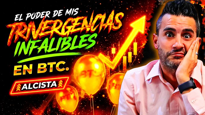 YouTube thumbnail with Spanish text 'EL PODER DE MIS TRIVERGENCIAS INFALIBLES EN BTC. ALCISTA' featuring a shocked man in a pink shirt beside a rising orange chart.