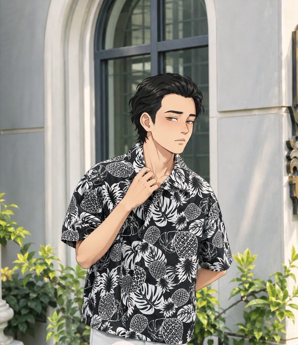 An anime-style illustration of a young man with black hair wearing a black and white floral Hawaiian shirt, standing outside a building with arched windows.
