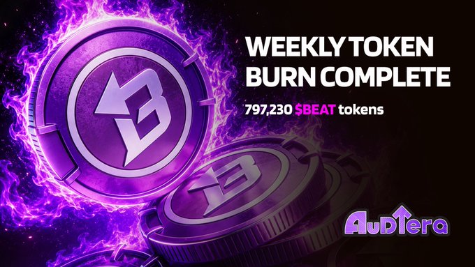 Promotional graphic from Audtera announcing 'WEEKLY TOKEN BURN COMPLETE' of 797,230 $BEAT tokens, featuring purple flame-engulfed coin imagery with the $BEAT logo.