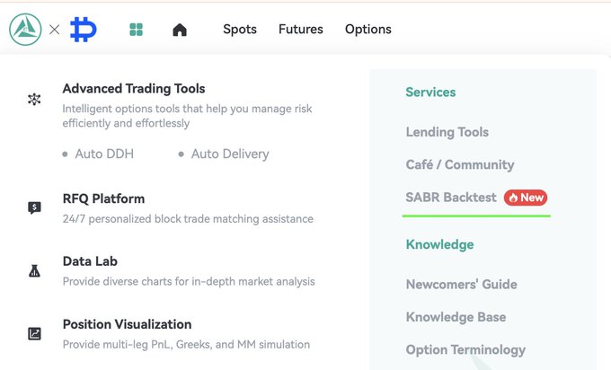 The screen displays an advanced trading tool called SABR BackTest, which has been generated on the platform for users to interact with. The interface also provides various services such as data analysis, trading, and market intelligence options. Additionally, a user guide is available to help users navigate the new features. The post suggests that these features will bring convenience to those interested in Bitcoin trading platforms.